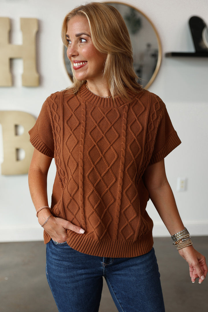 Cable Knit Short Sleeve Sweater - Camel