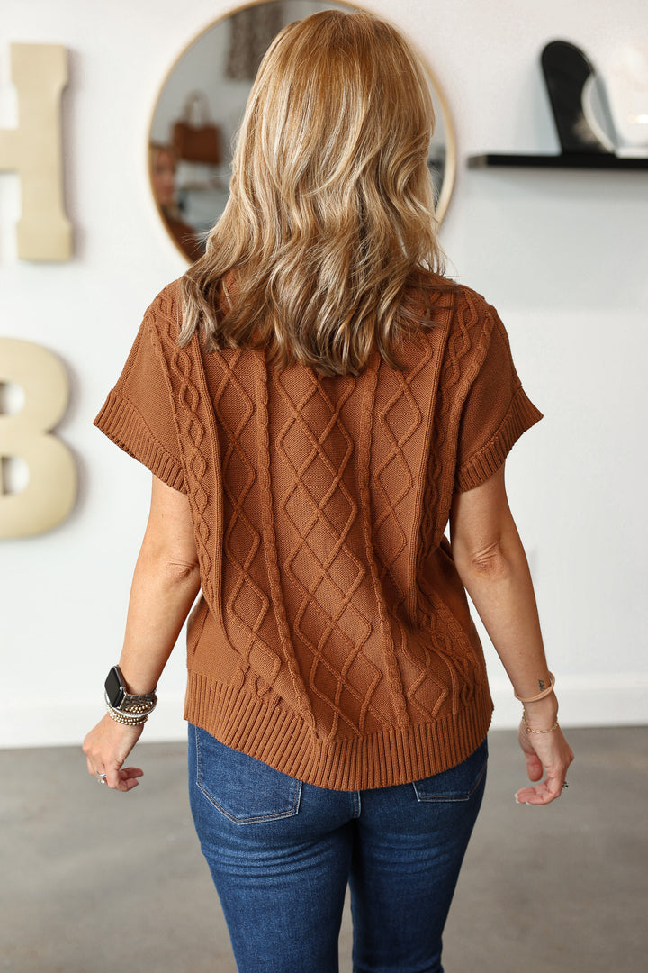 Cable Knit Short Sleeve Sweater - Camel