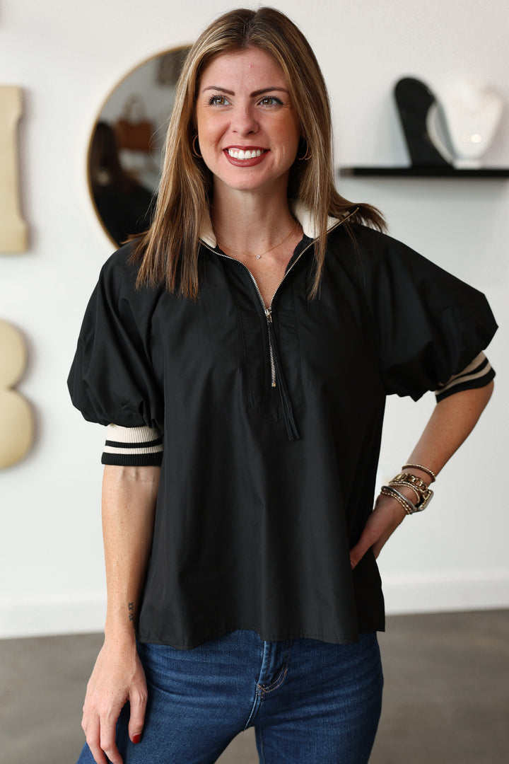 Quarter Zip Stripe Collar Top - Black