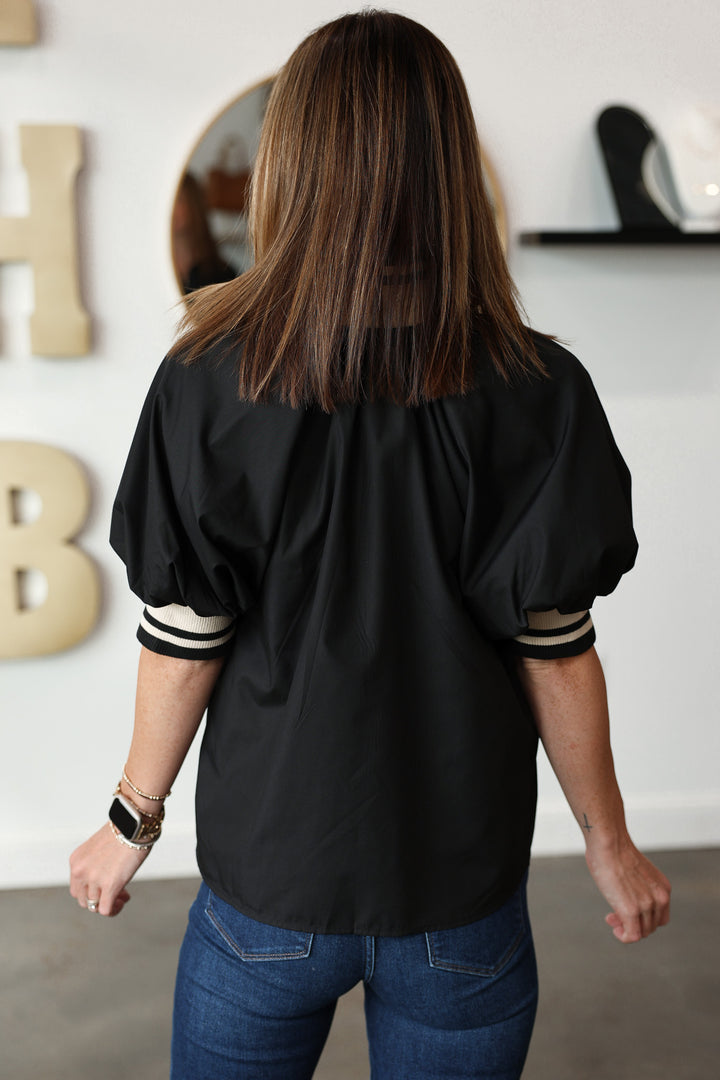 Quarter Zip Stripe Collar Top - Black