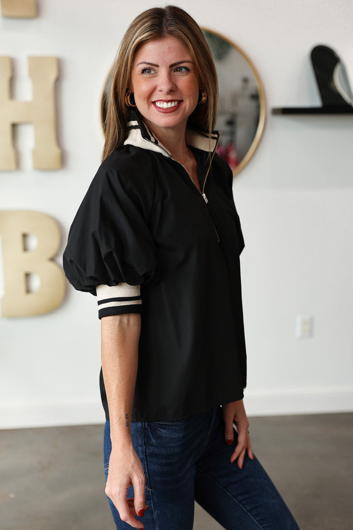 Quarter Zip Stripe Collar Top - Black