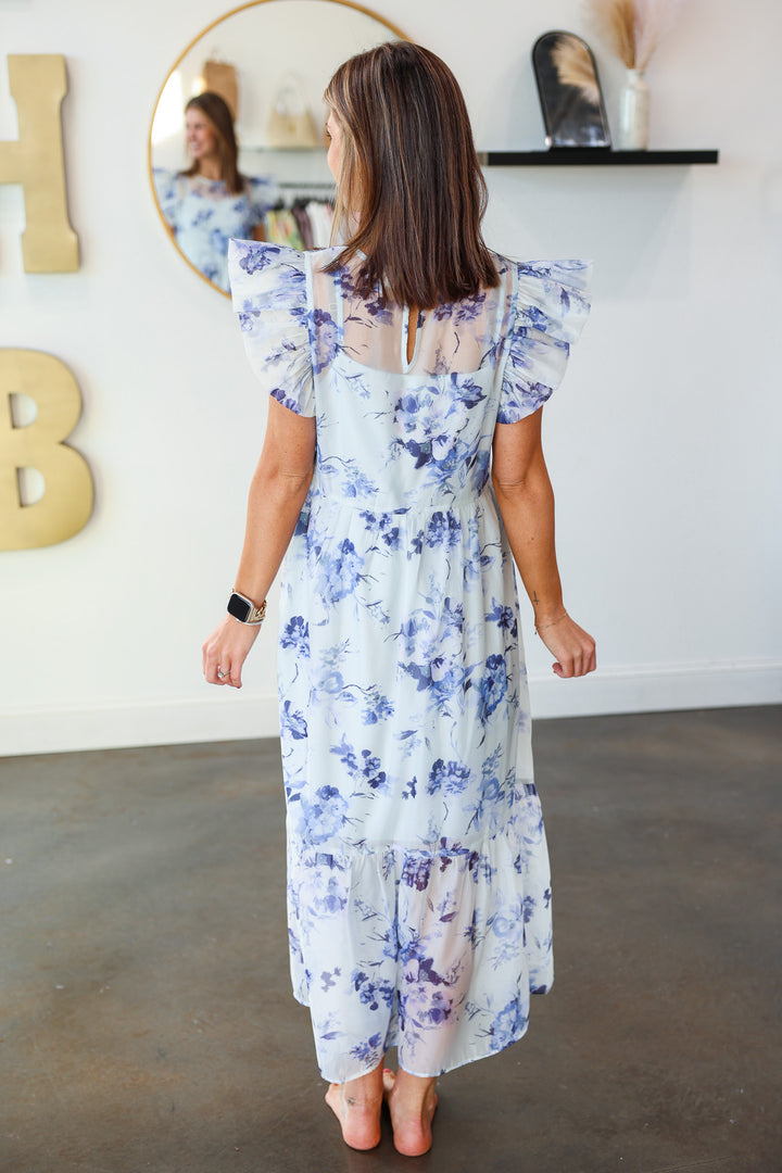 Floral Organza Overlay Midi Dress - Blue