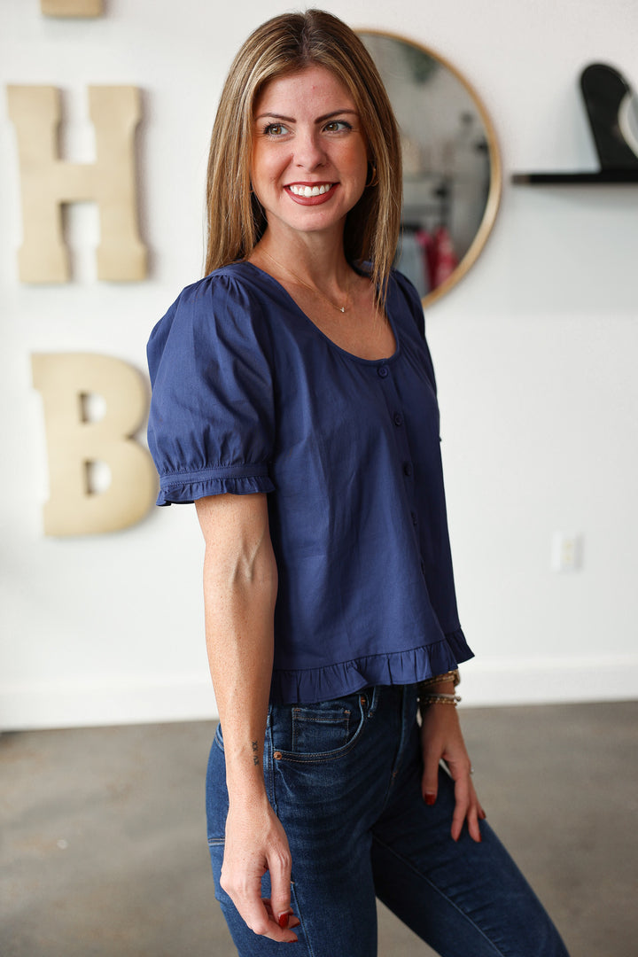 Short Sleeve Scoop Neck Top - Blue