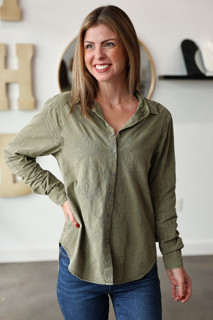 Embroidered Button Down Top - Olive
