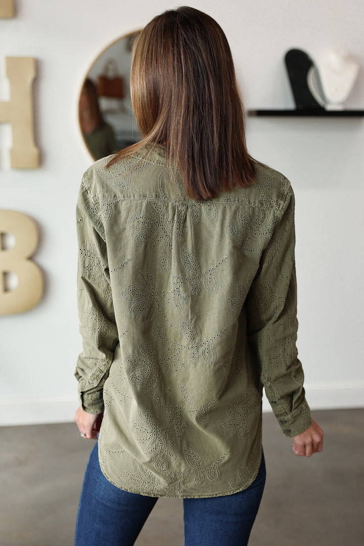 Embroidered Button Down Top - Olive