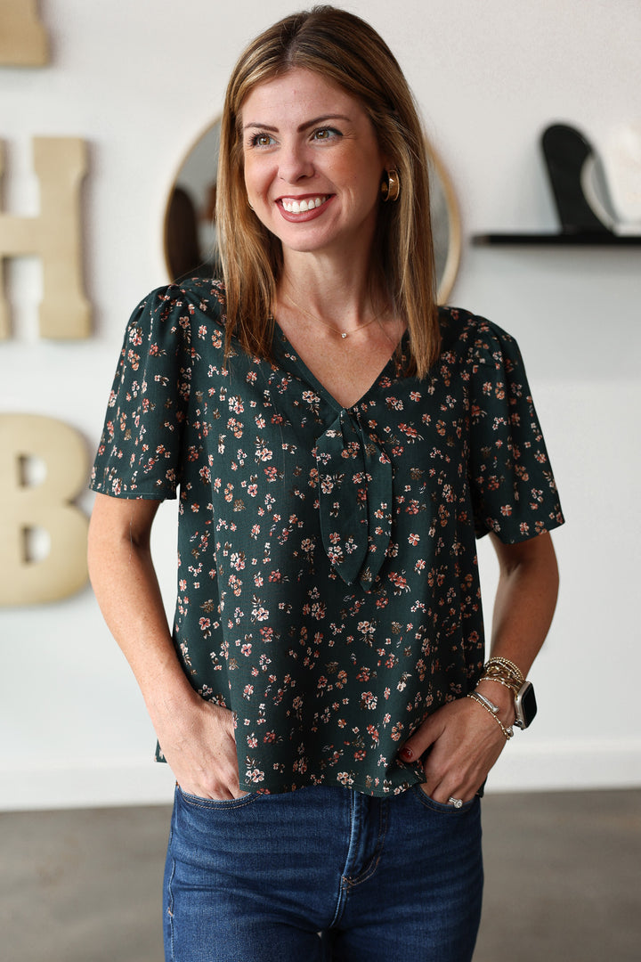 Front Tie Floral Blouse - Green