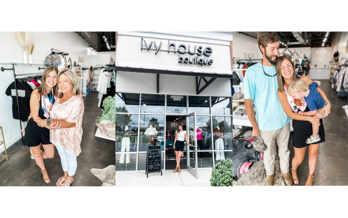 Three photos are featured side by side. The first is of a mother and daughter smiling and hugging inside of Ivy House Boutique, a Tuscaloosa boutique. The second photo is of Morgan, the daughter, standing in the doorway of the Tuscaloosa boutique, with the door open and the Ivy House Boutique sign is visible at the top of the building. The third photo shows Morgan, her husband John, and their toddler inside of the Tuscaloosa clothing store.