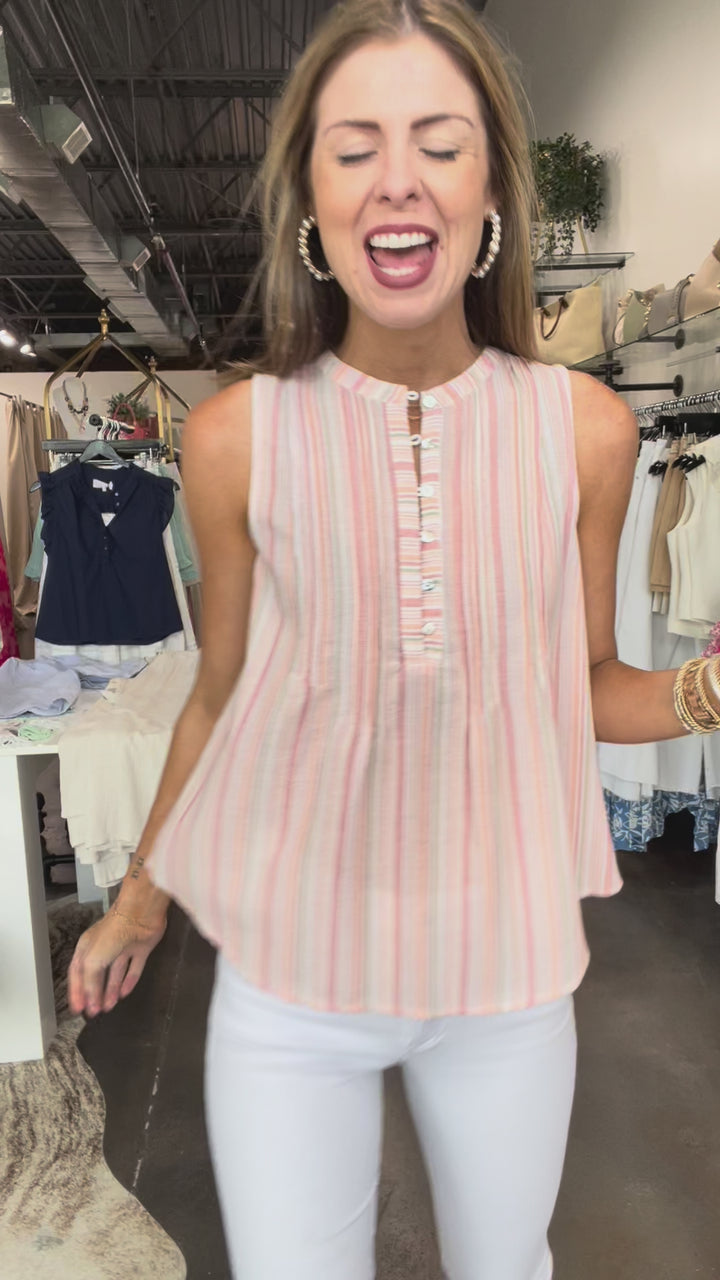 Striped Button Front Top - Peach Pink