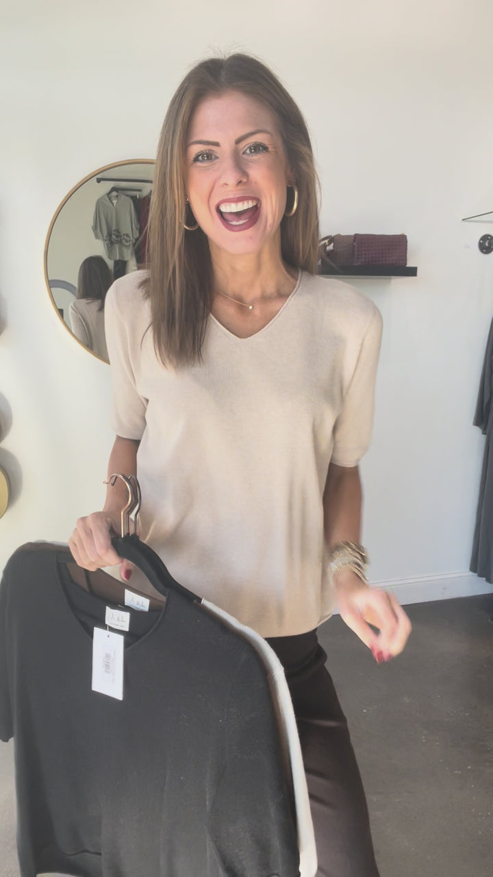 V Neck Short Sleeve Sweater - Brown