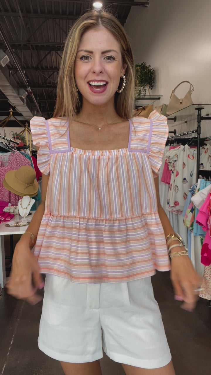 Striped Ruffle Sleeve Top - Lavender/Citrus