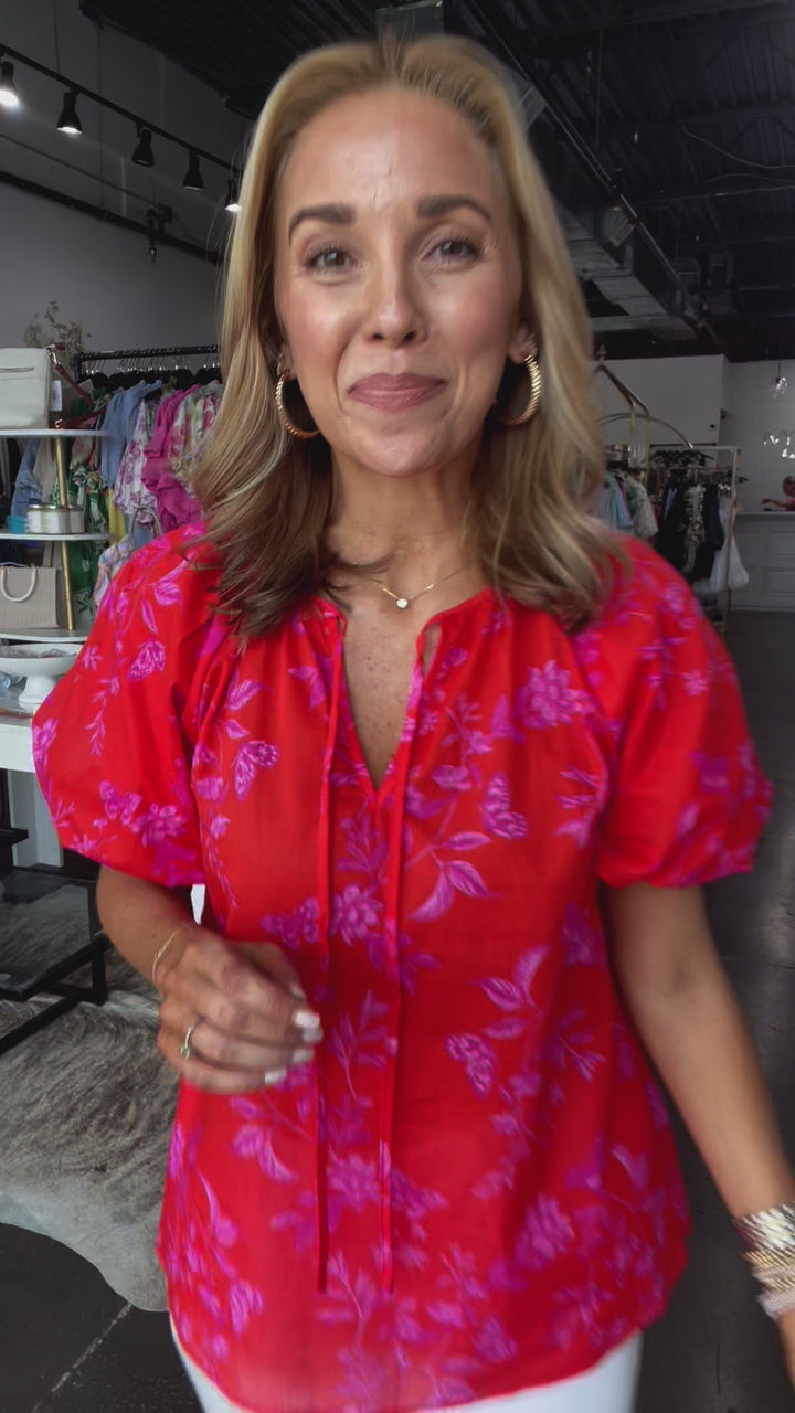 Printed Balloon Sleeve Top - Red
