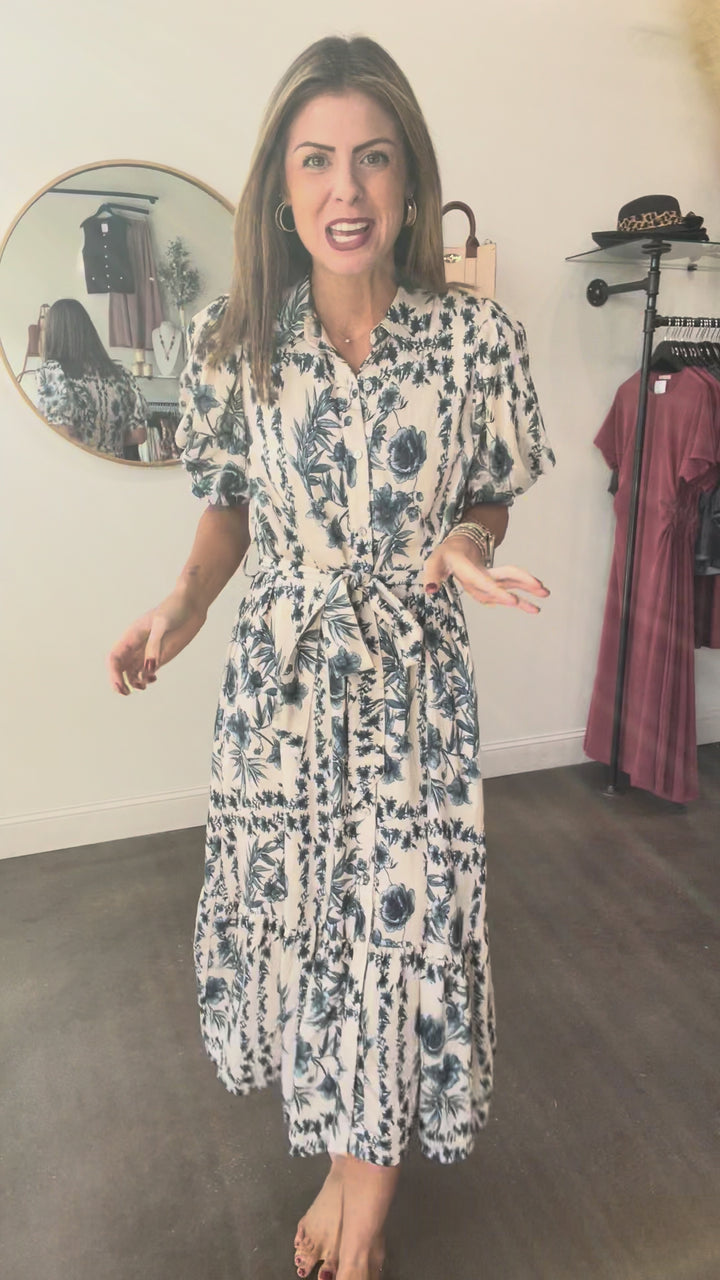 Button Front Floral Maxi Dress - Navy