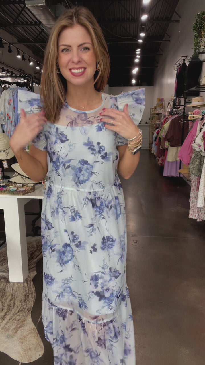 Floral Organza Overlay Midi Dress - Blue