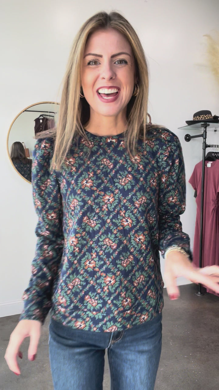 Puff Sleeve Printed Top - Navy