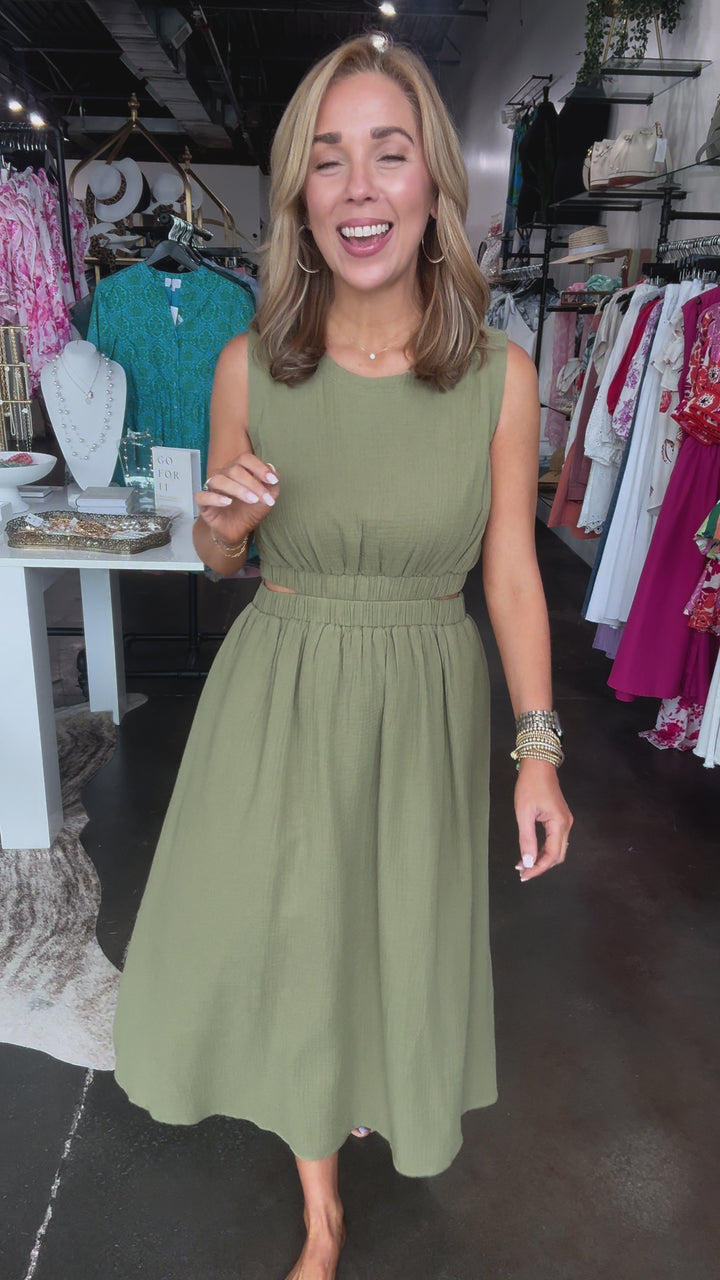 Cut Out Waist Midi Dress - Olive