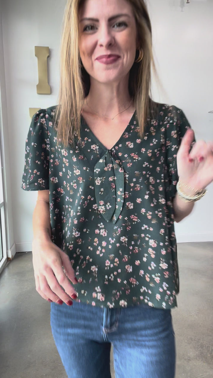 Front Tie Floral Blouse - Green
