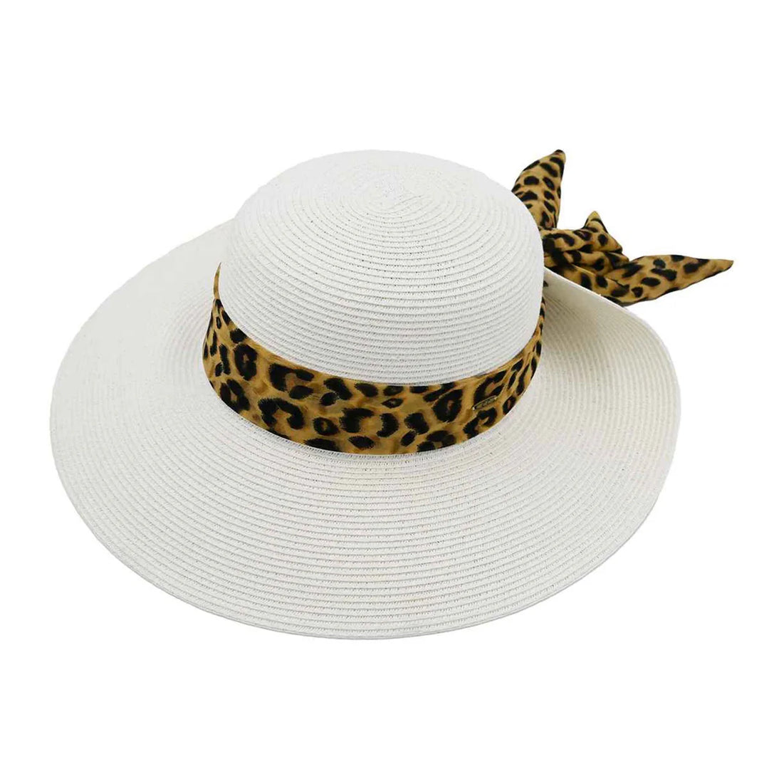 Leopard Print Ribbon Band Rolled Sun Hat - White