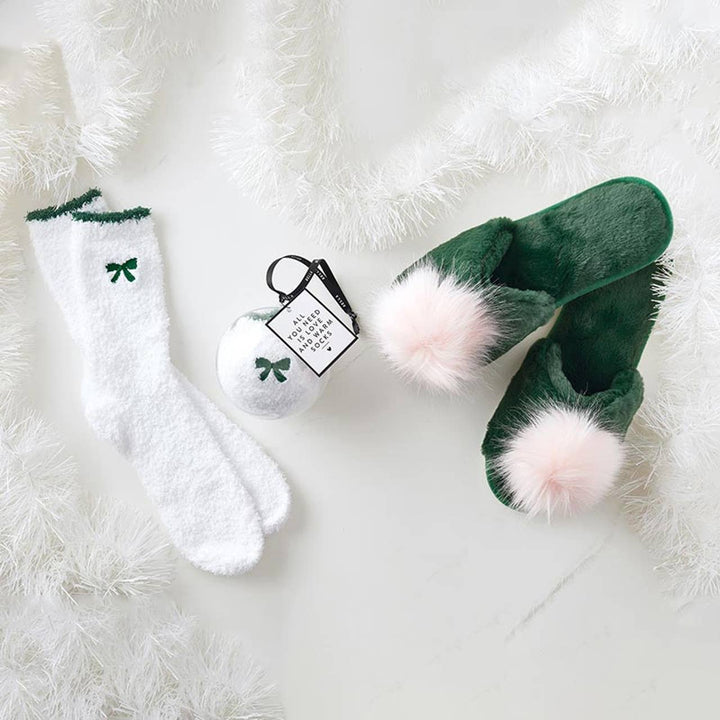 Plush Pom Pom Slippers - Green