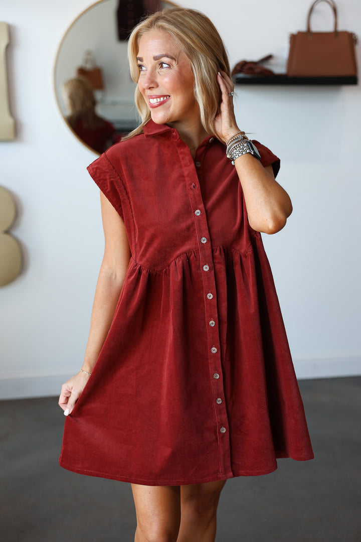 Corduroy Button Up Dress - Burl Wood