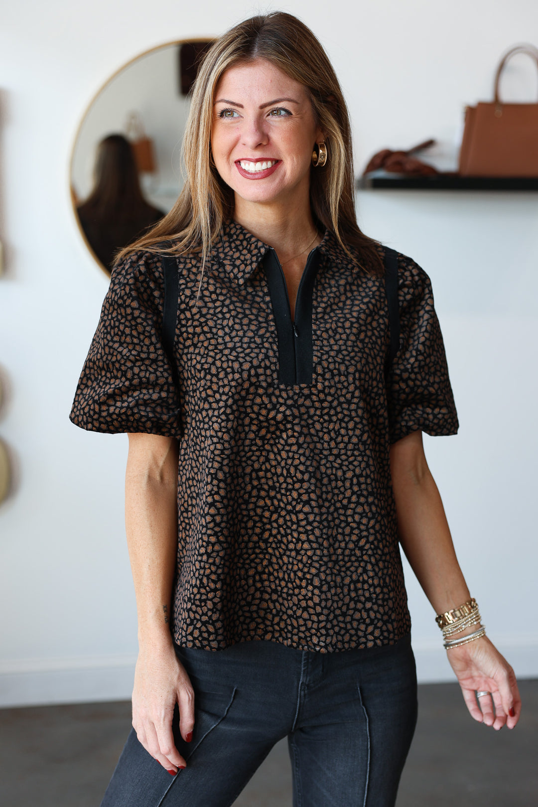 Quarter Zip Animal Print Top