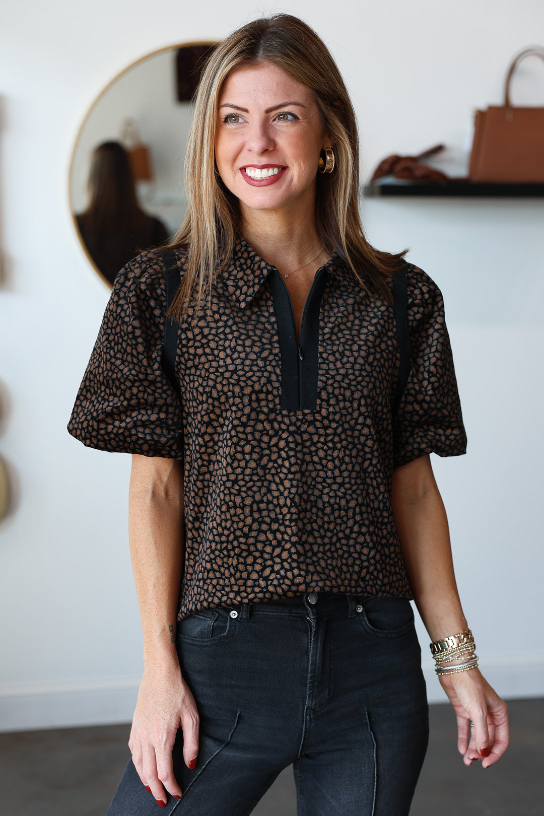 Quarter Zip Animal Print Top