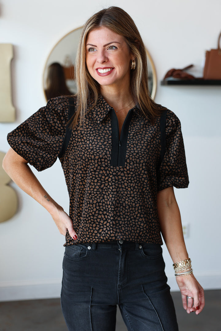 Quarter Zip Animal Print Top