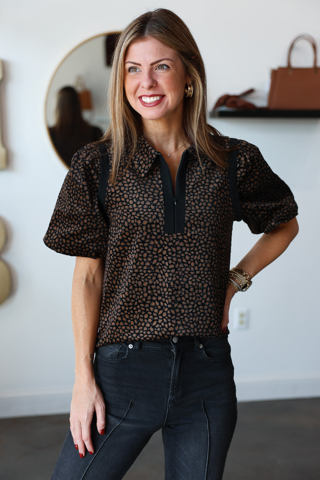 Quarter Zip Animal Print Top