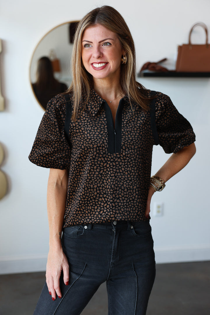 Quarter Zip Animal Print Top