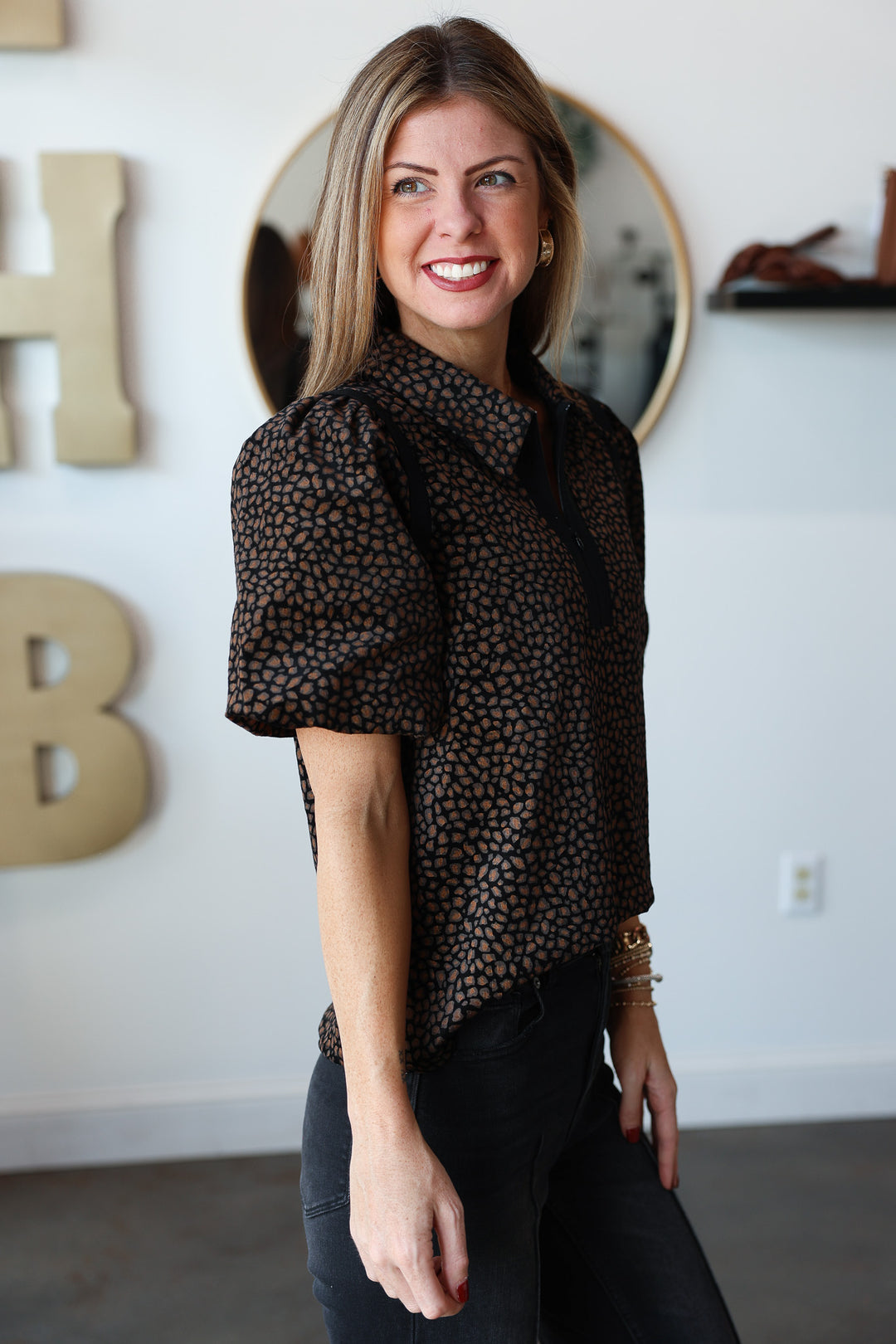 Quarter Zip Animal Print Top