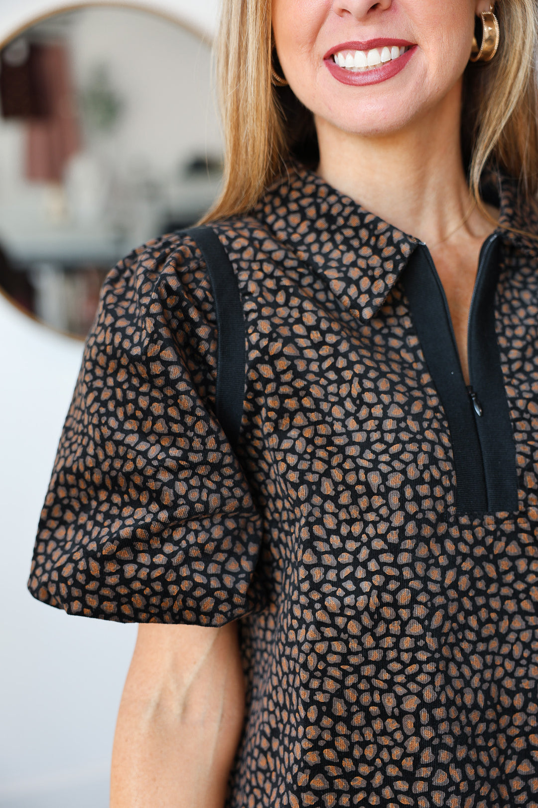 Quarter Zip Animal Print Top