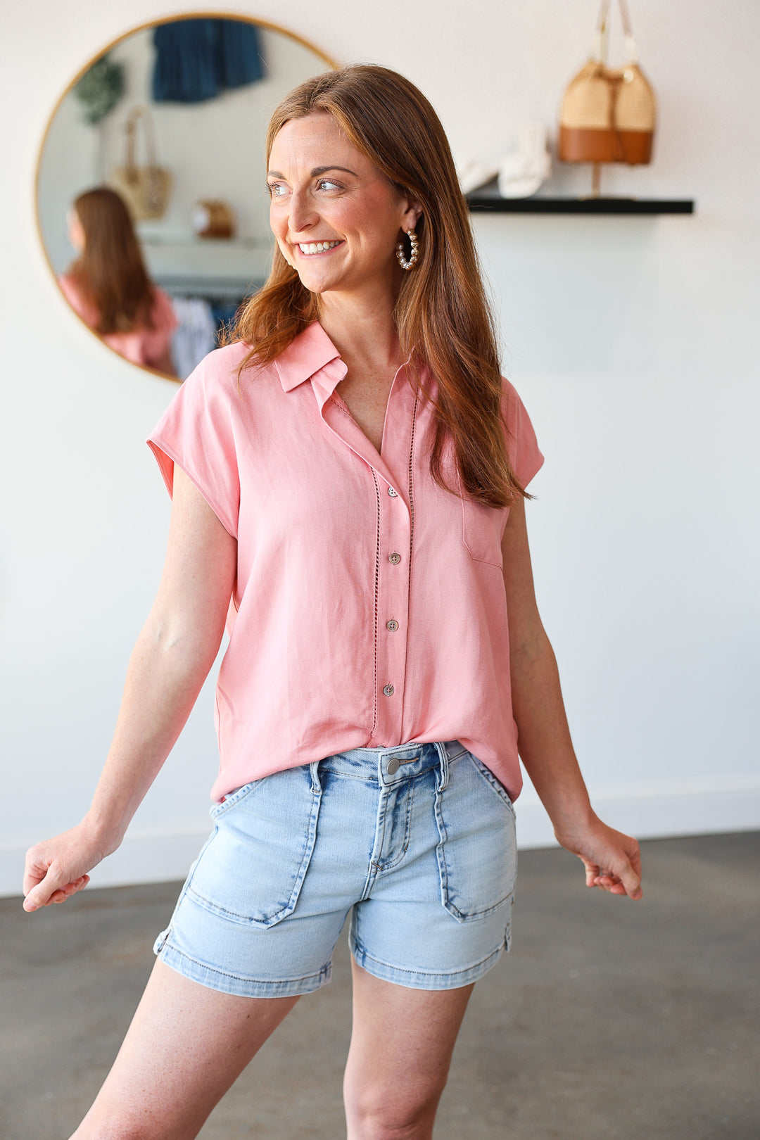 Cap Sleeve Button Down Top - Pink
