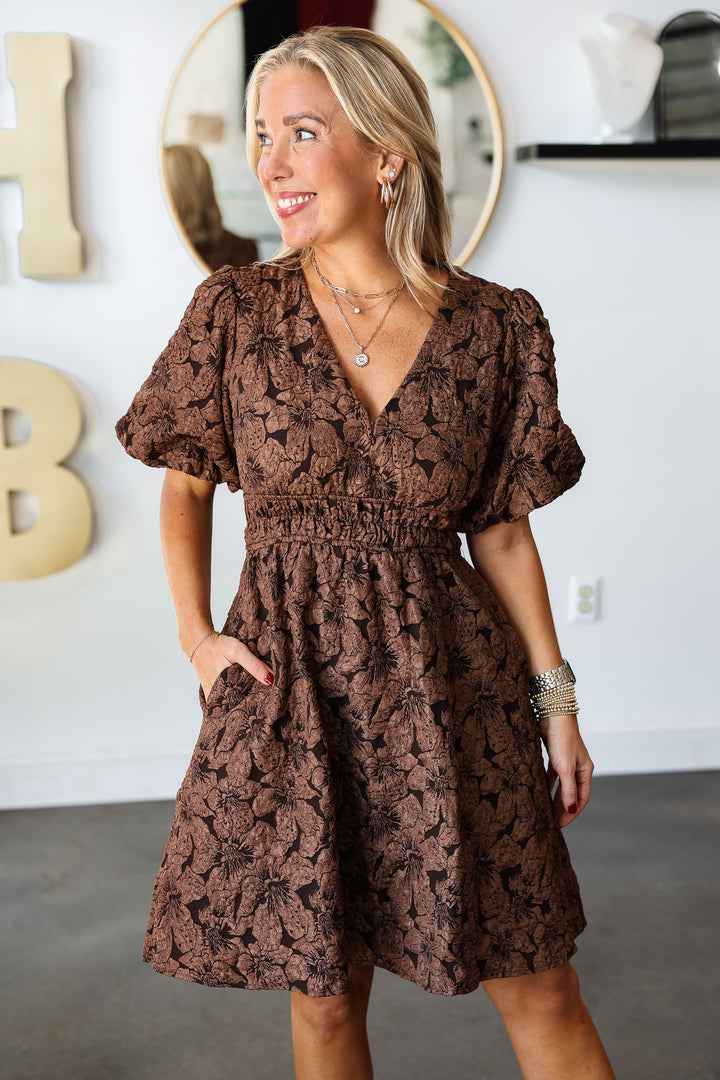 Textured Floral Dress - Bronze