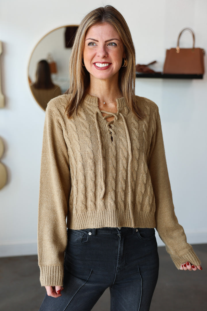 Cable Knit Tie Neck Sweater - Camel