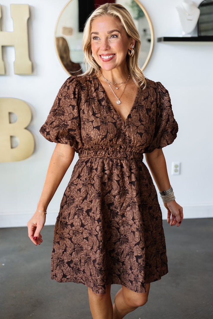 Textured Floral Dress - Bronze