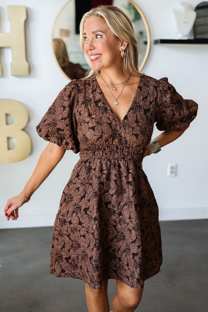 Textured Floral Dress - Bronze