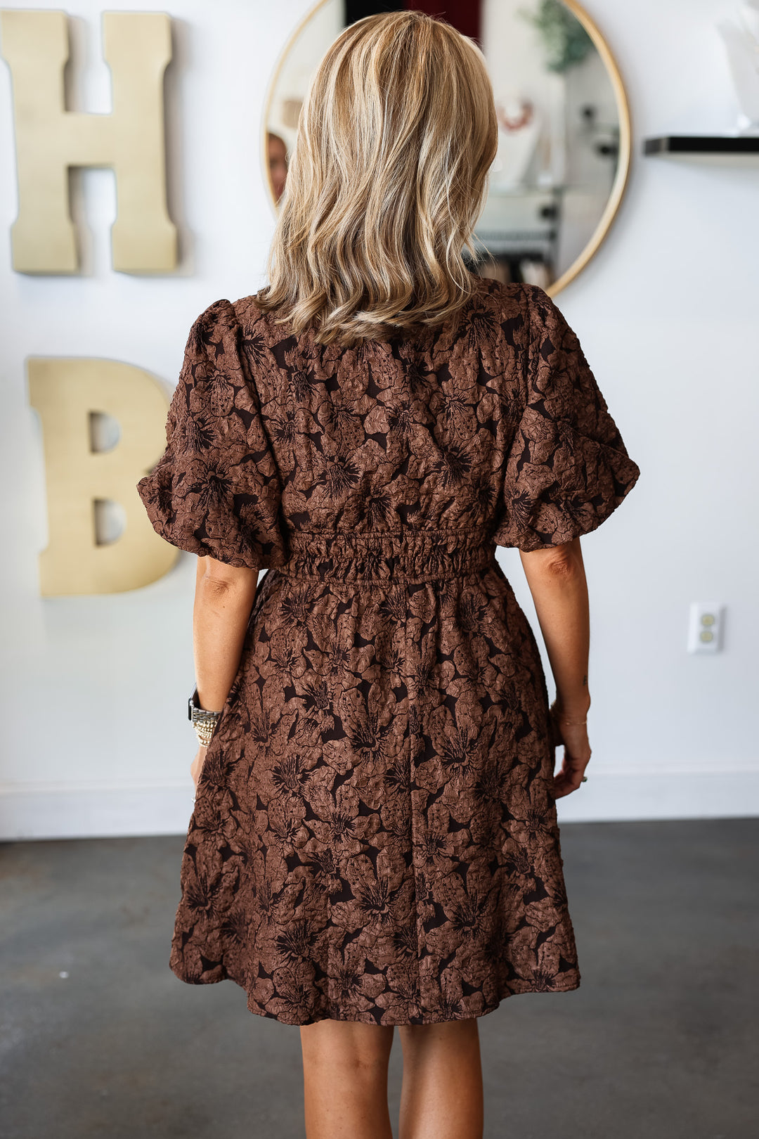 Textured Floral Dress - Bronze