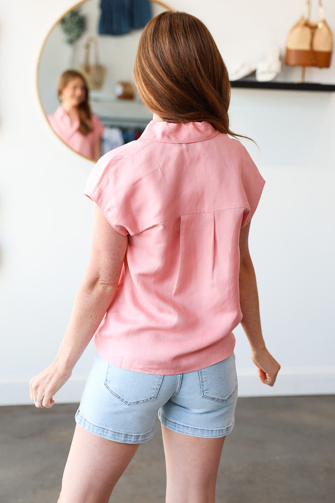Cap Sleeve Button Down Top - Pink