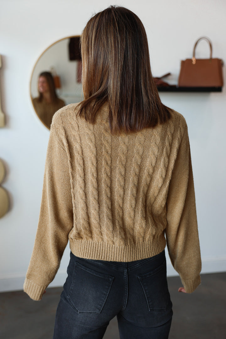 Cable Knit Tie Neck Sweater - Camel