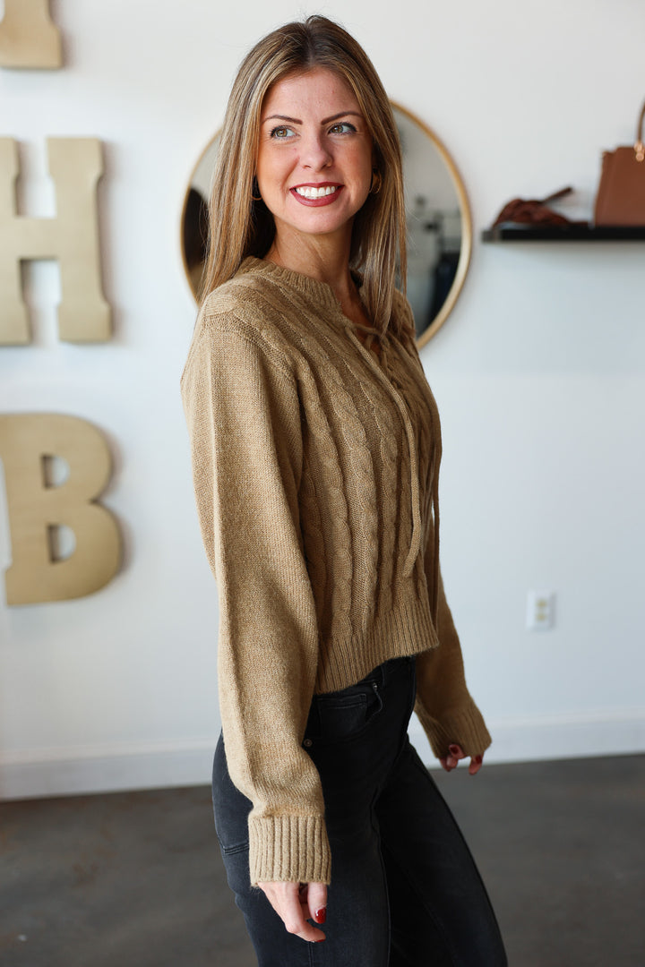 Cable Knit Tie Neck Sweater - Camel