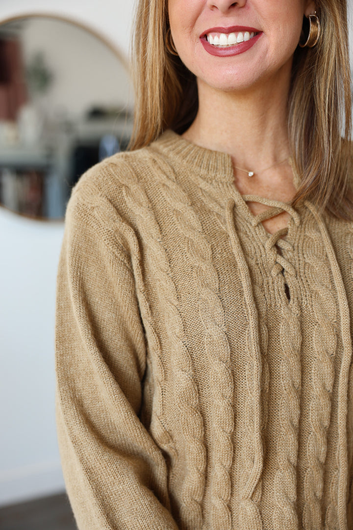 Cable Knit Tie Neck Sweater - Camel