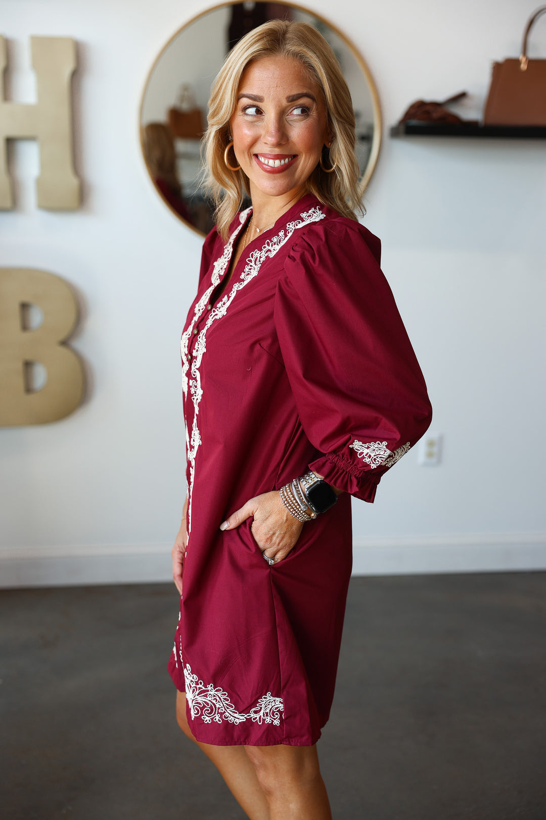 Embroidered Trim Dress - Garnet