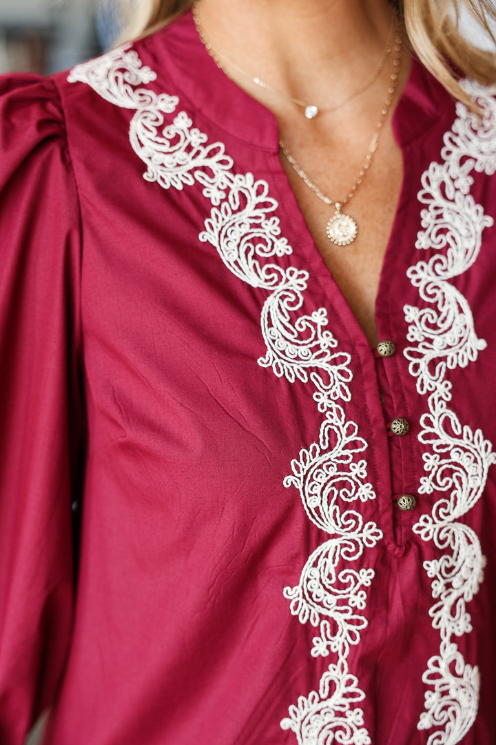 Embroidered Trim Dress - Garnet