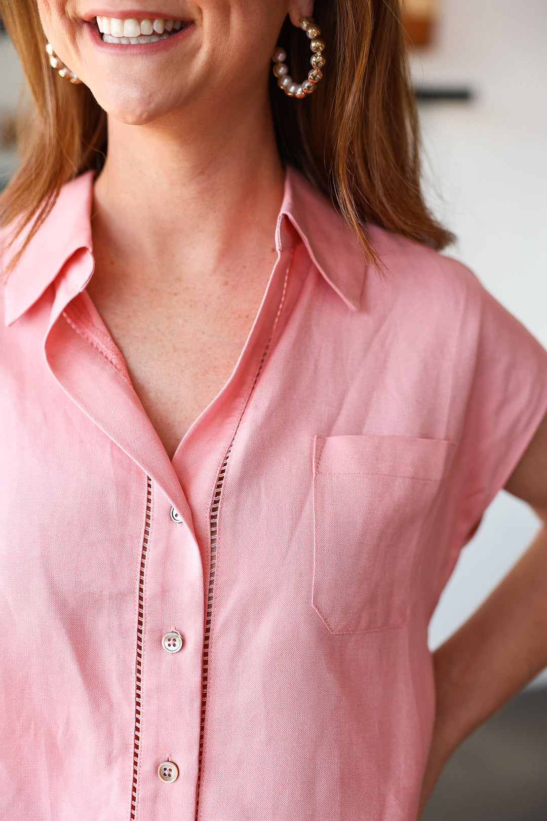 Cap Sleeve Button Down Top - Pink