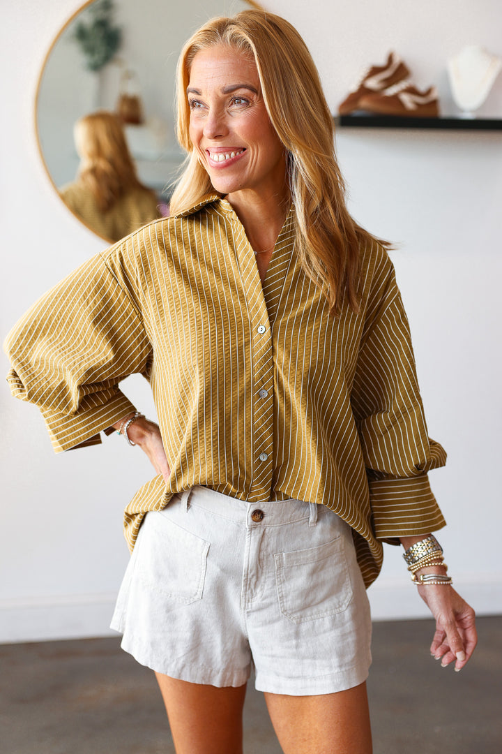 Button Front Striped Top - Olive