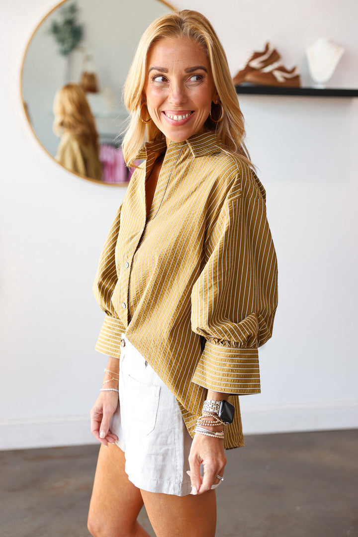 Button Front Striped Top - Olive