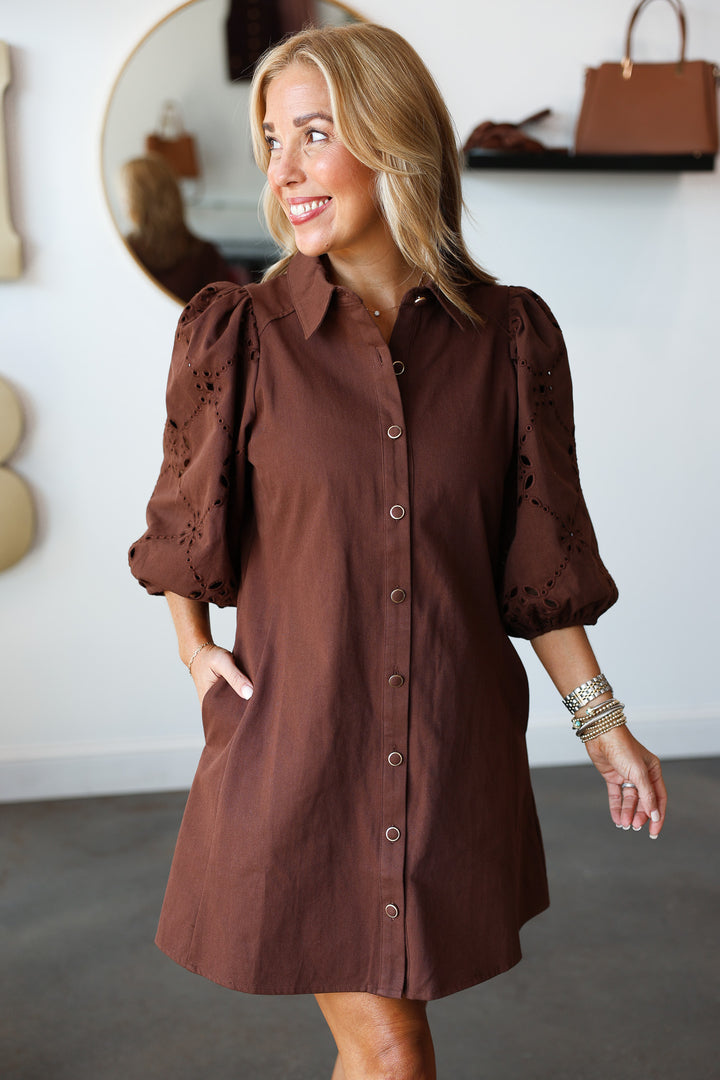 Eyelet Sleeve Button Front Dress - Brown