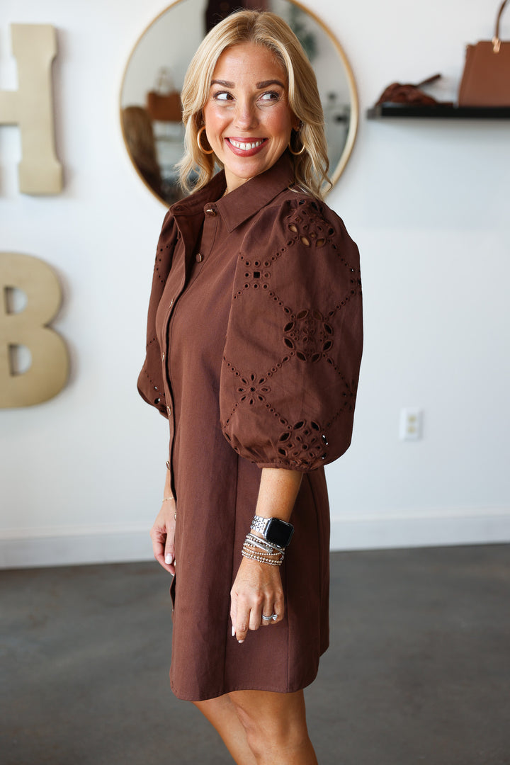 Eyelet Sleeve Button Front Dress - Brown