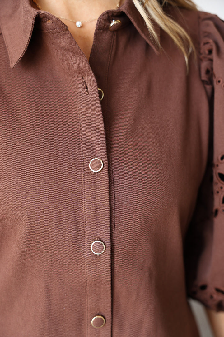 Eyelet Sleeve Button Front Dress - Brown