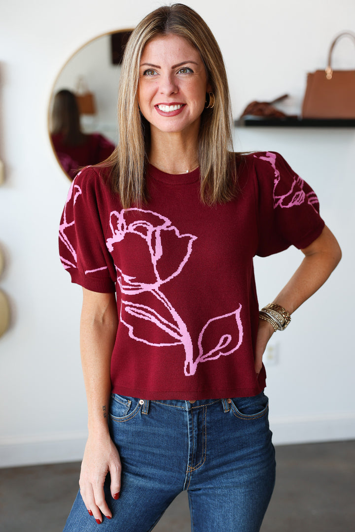 Short Sleeve Sweater Top - Burgundy