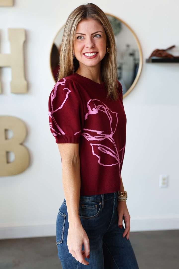Short Sleeve Sweater Top - Burgundy